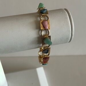 Vintage 1960’s Gold Tone Multi Colored Genuine Gemstones Souvenir Bracelet
